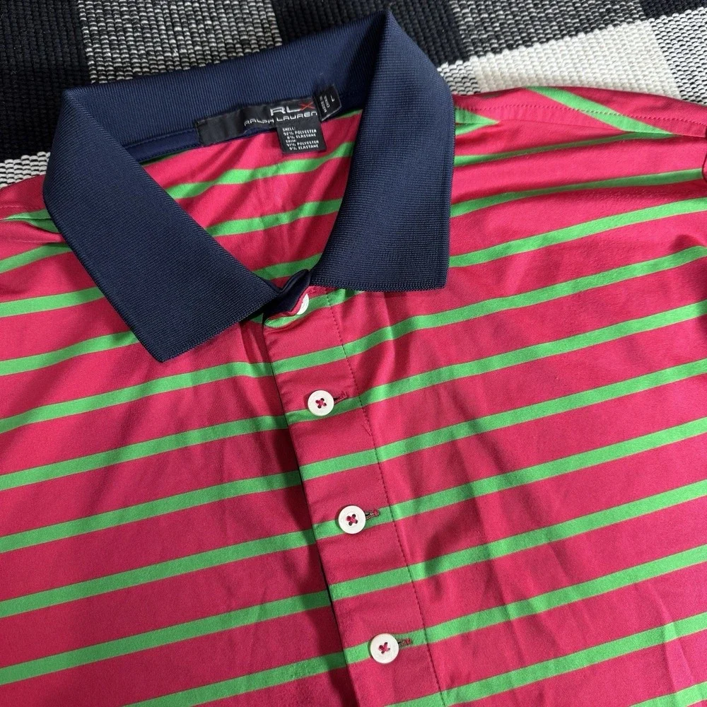 RLX Ralph Lauren Polo Shirt Mens L Fuchsia Green Stripe Performance Golf‎ Preppy